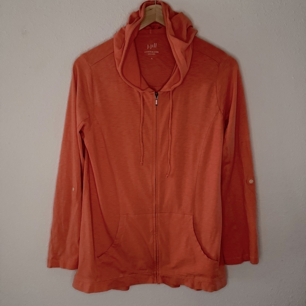 J. Jill Cotton Slub Hoodie Full Zip Roll Tab Sleeve Pouch Pockets Women’s Size M